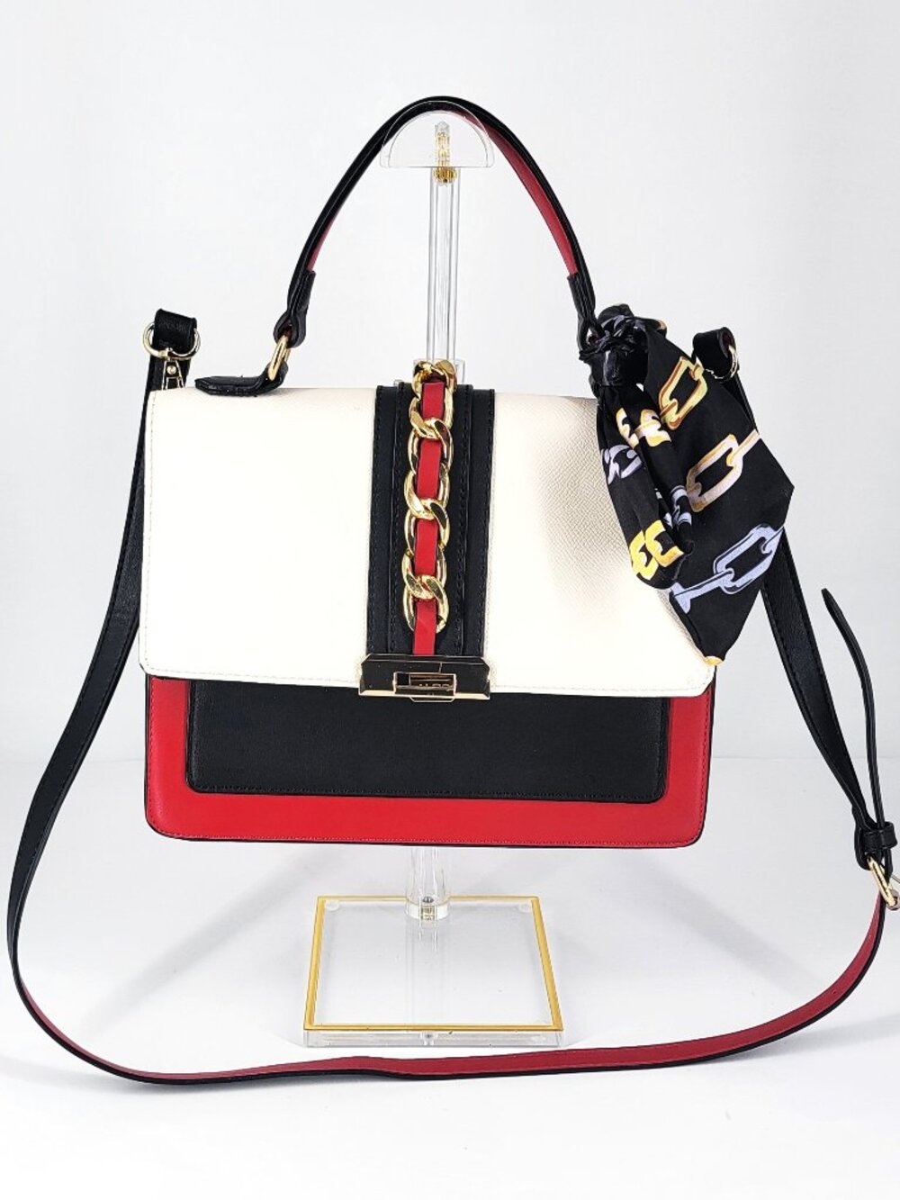 ALDO NWOT Red White Navy Top Handle Handbag Scarf Gold Chain Embellishment Strap